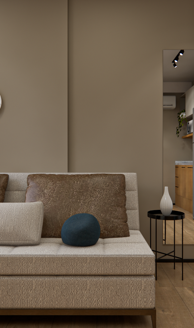 Render 3D: sala com sofá bege, almofadas marrons e azuis, parede fendi, espelho refletindo cozinha e piso de madeira