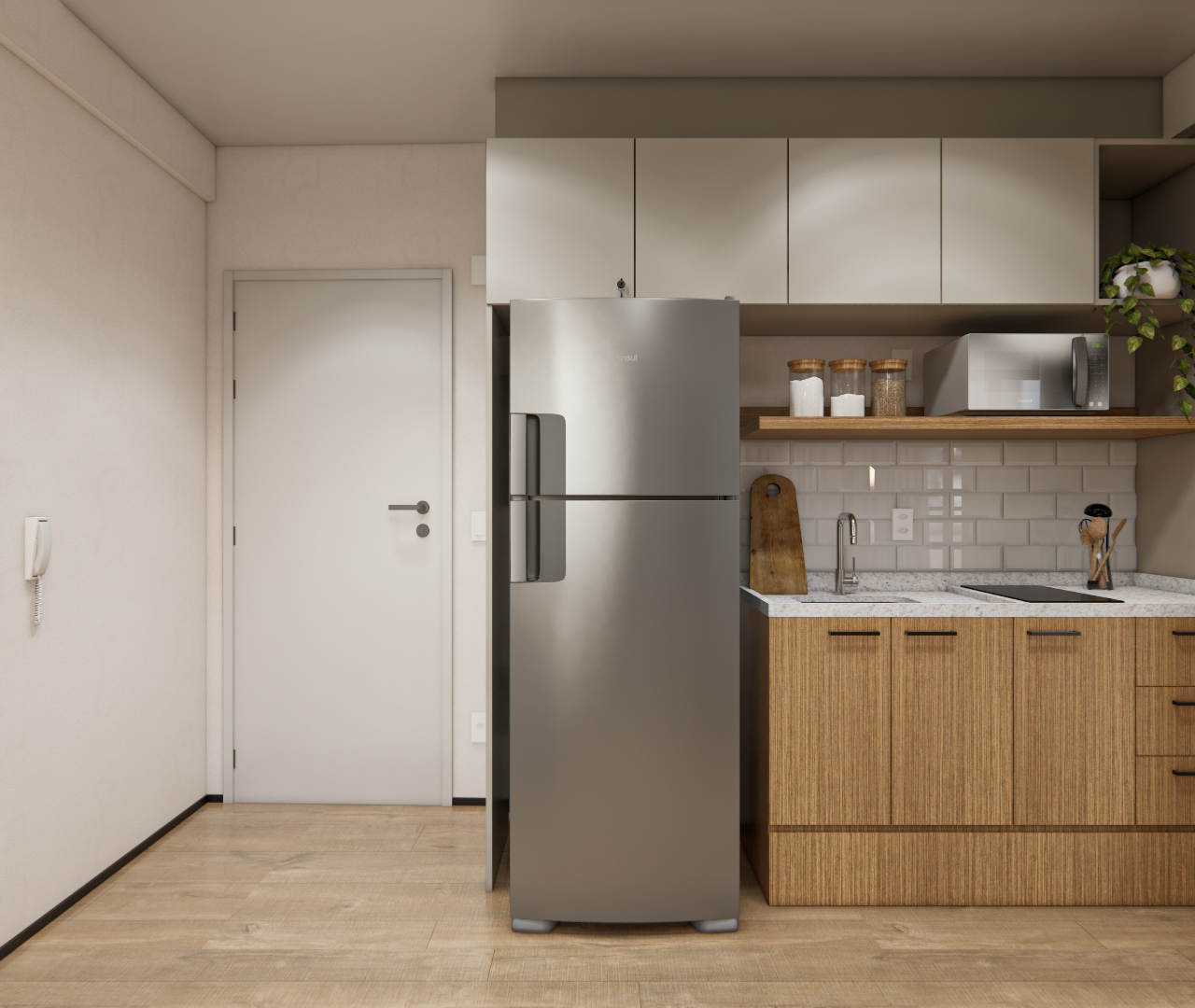 Render 3D de cozinha compacta no ML BRASILIO 177 com marcenaria em madeira e bege, bancada clara e geladeira inox