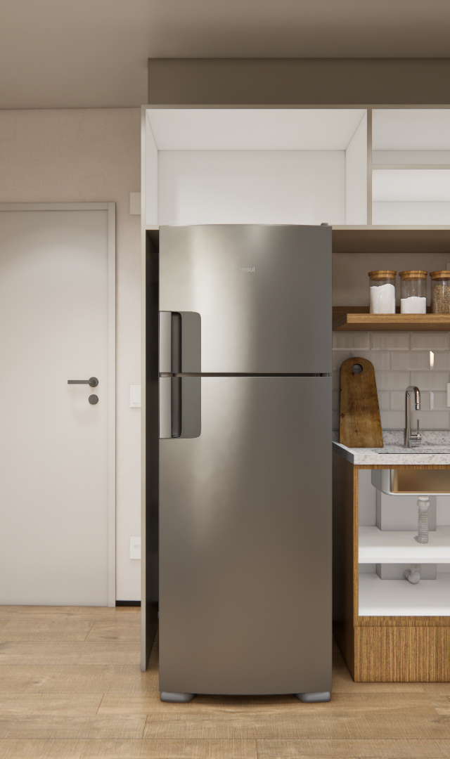 Render 3D de cozinha compacta, marcenaria em madeira e branco, geladeira inox, bancada de pedra e azulejo metrô branco
