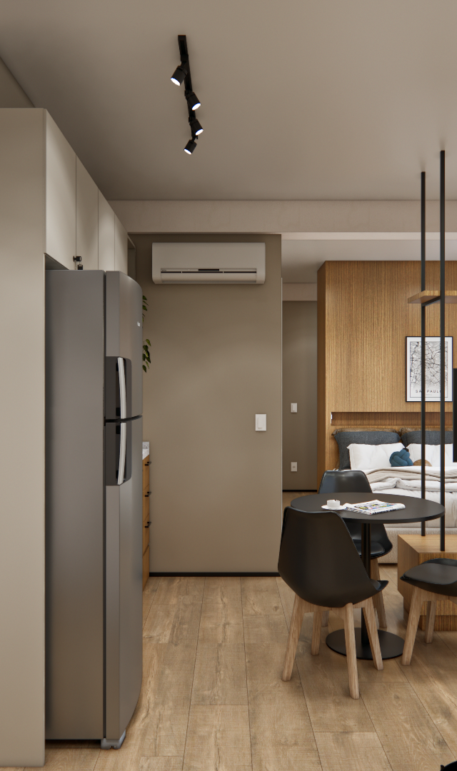Render 3D de estúdio com marcenaria bege, piso amadeirado, mesa redonda com cadeiras pretas e estante divisória em metal