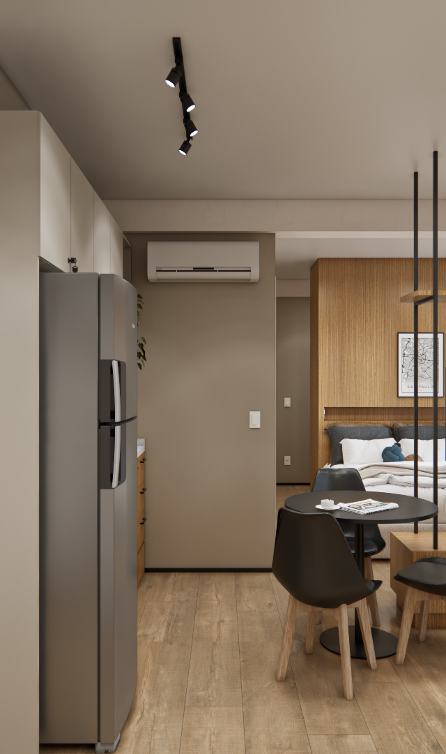 Render 3D de estúdio no Brasilio 177 com cozinha, sala e quarto integrados, marcenaria em tons amadeirados e bege claro