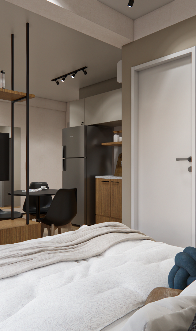 Render 3D de estúdio no Brasilio 177 com divisória metálica, estante de madeira, cama, mesa de jantar e tons neutros