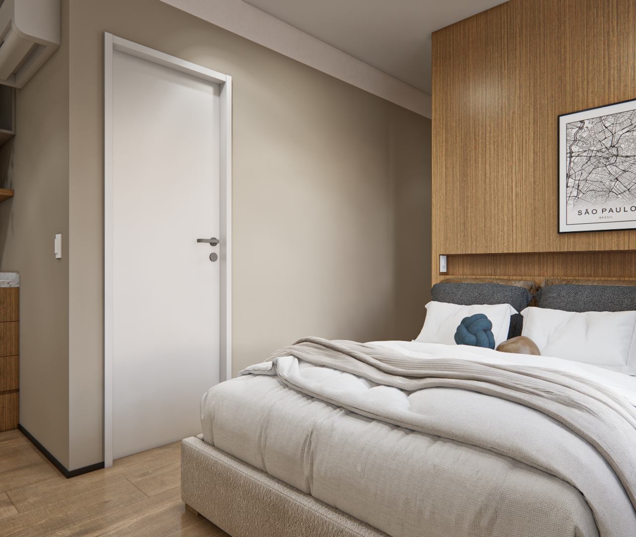 Render 3D de estúdio com cama, painel amadeirado, parede bege, cozinha compacta ao fundo e iluminação neutra