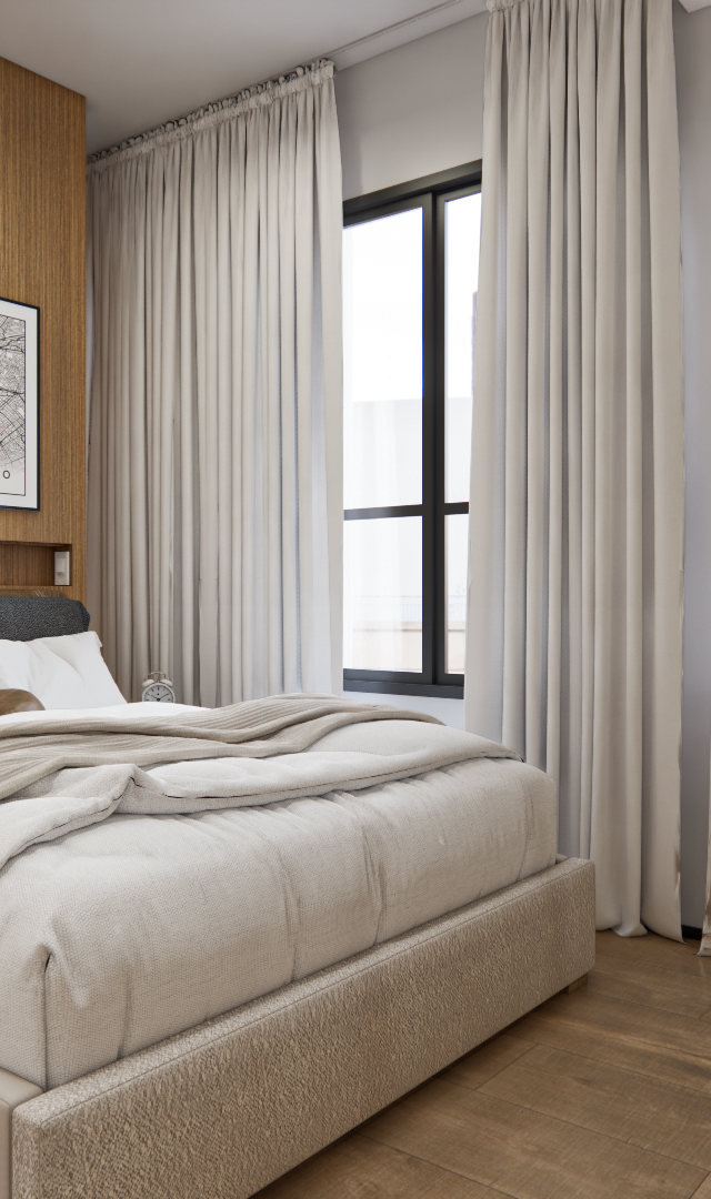 Render 3D de quarto no Brasilio 177 com painel amadeirado, cama estofada, cortinas claras e iluminação natural suave