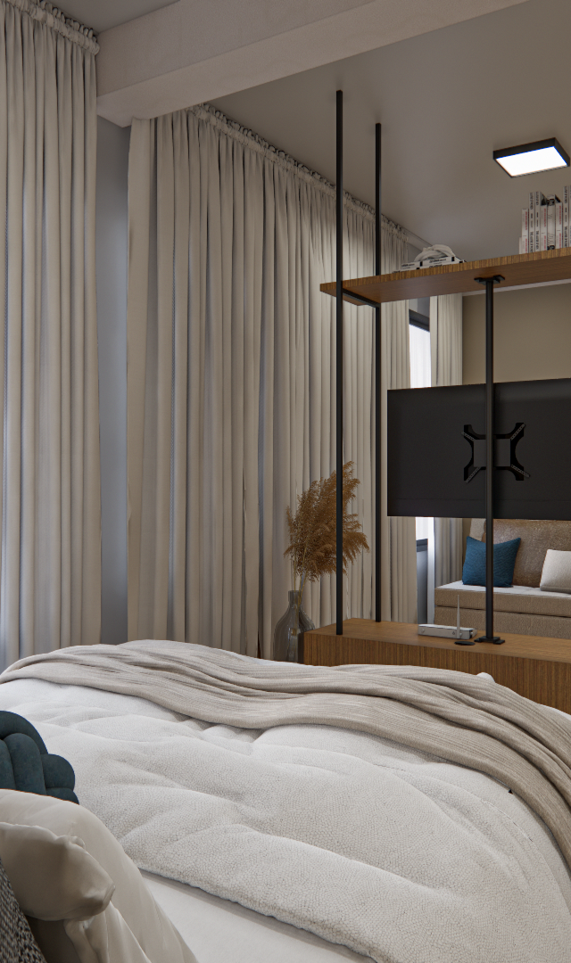 Render 3D de estúdio no ML - BRASILIO 177 com cama, estante metálica divisória, sala de jantar, tons neutros e luz natural