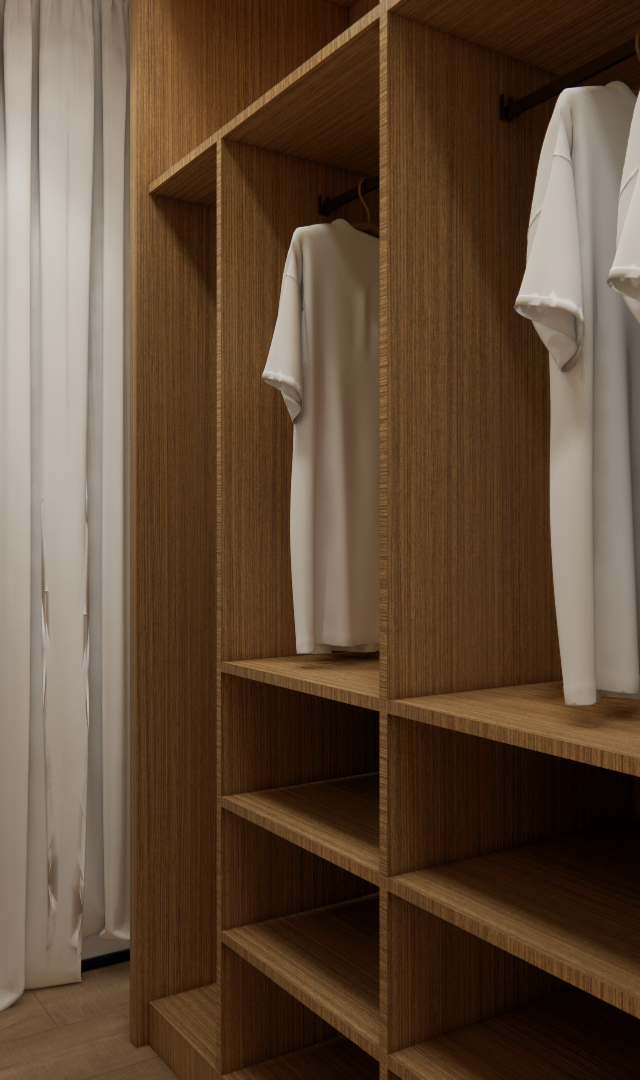 Render 3D de closet aberto em madeira clara, com prateleiras e cabideiro, ao lado de quarto com cortinas brancas