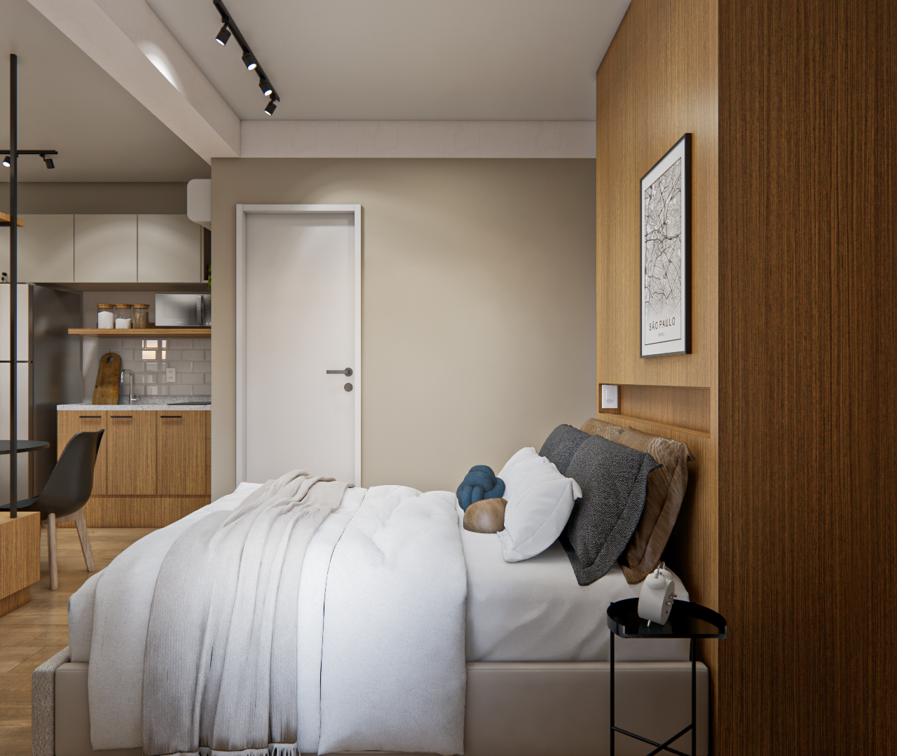 Render 3D de quarto e cozinha integrados no Brasílio 177, com marcenaria em tons amadeirados, paredes bege e iluminação focal