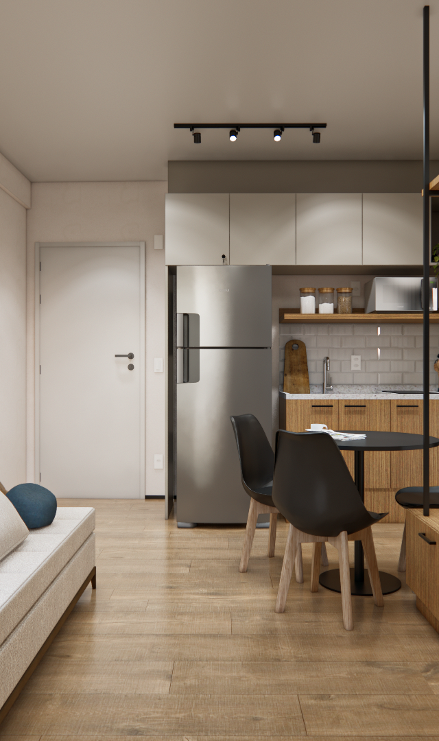 Render 3D de sala e cozinha integradas, marcenaria em madeira e tons neutros, estante preta vazada e piso amadeirado
