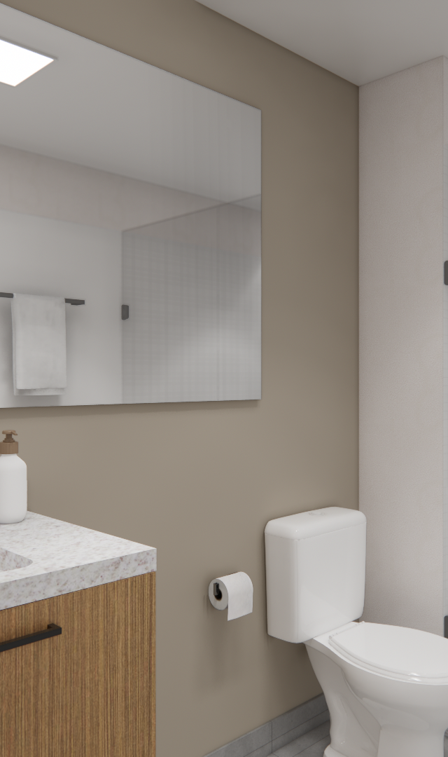 Render 3D de banheiro no projeto Brasilio 177: pia com bancada em granito, marcenaria amadeirada, metais pretos e tons neutros