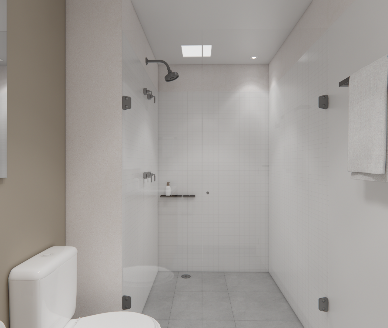 Render 3D de banheiro no projeto ML - BRASILIO 177 com box de vidro, metais escuros, paredes brancas e iluminação embutida