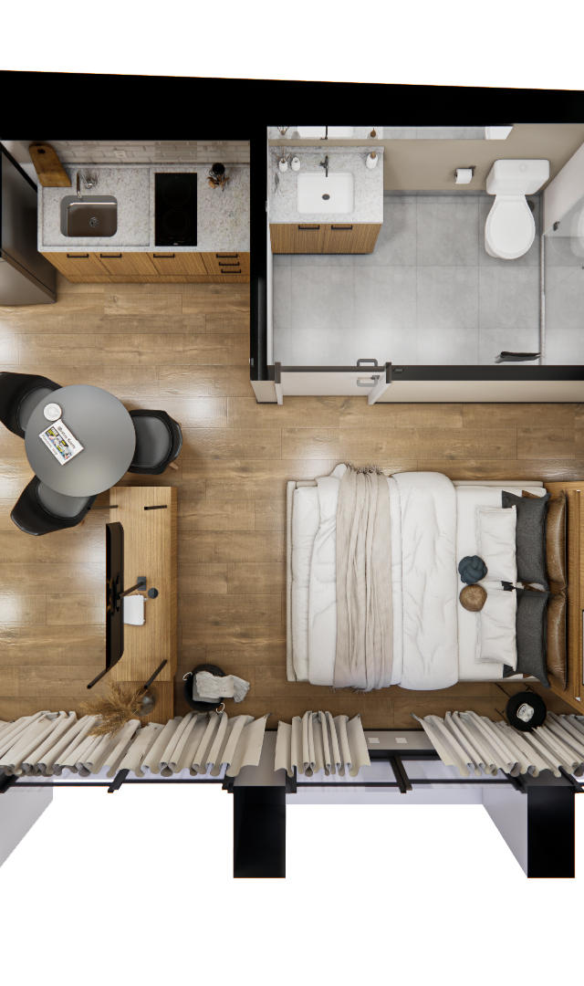 Planta baixa 3D de studio no Brasilio 177 com piso amadeirado, cozinha, banheiro, mesa de jantar e dormitório integrado