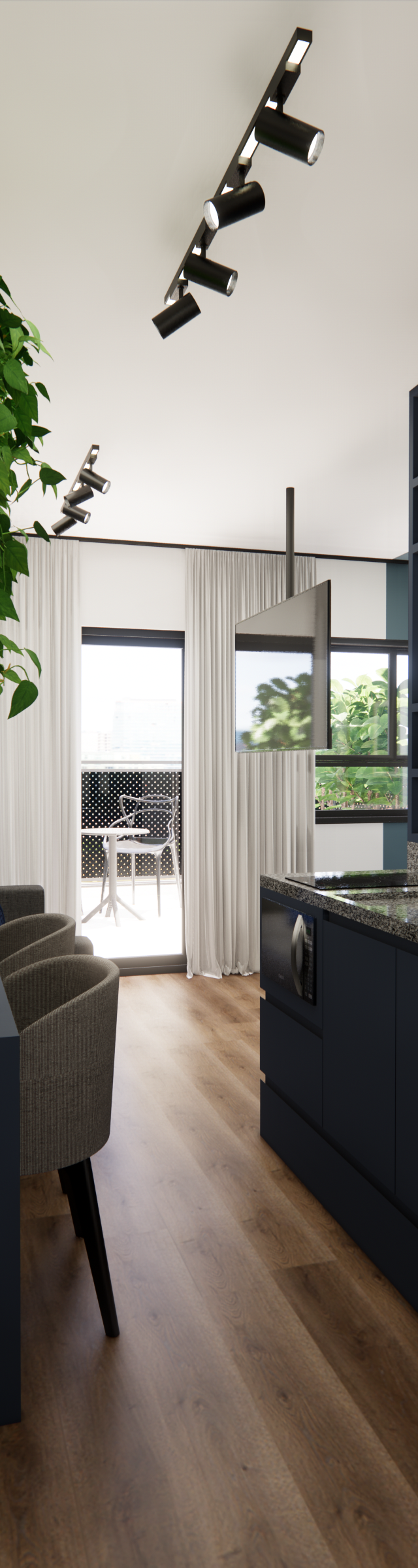 Render 3D de apartamento no Nurban Vila Madalena com cozinha azul, bancada de trabalho, piso amadeirado e luz em trilho