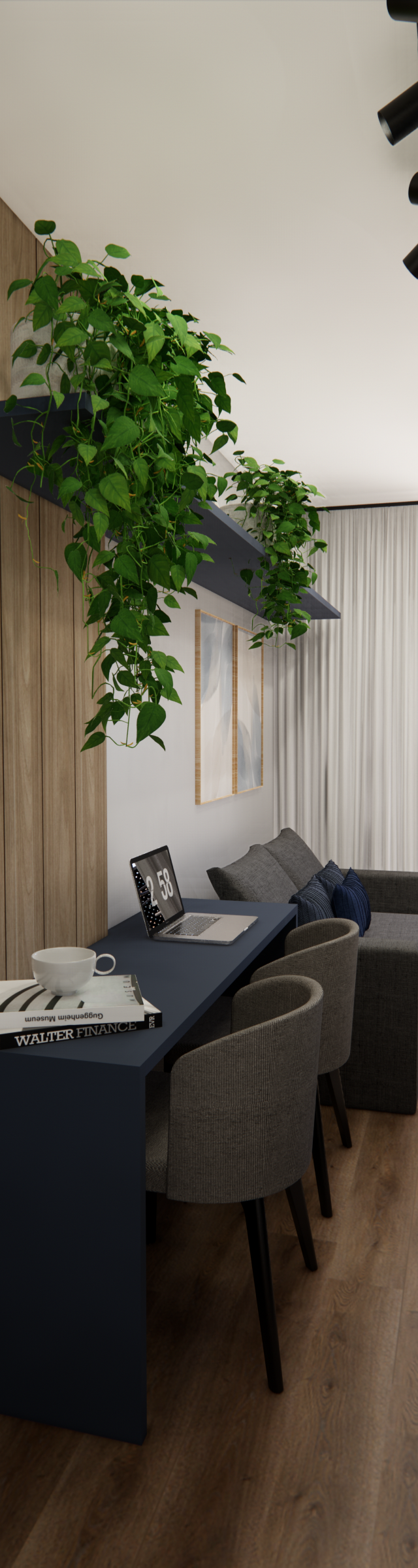 Render 3D de sala e escritório integrados com marcenaria azul, painel amadeirado, plantas e iluminação por trilho no Nurban