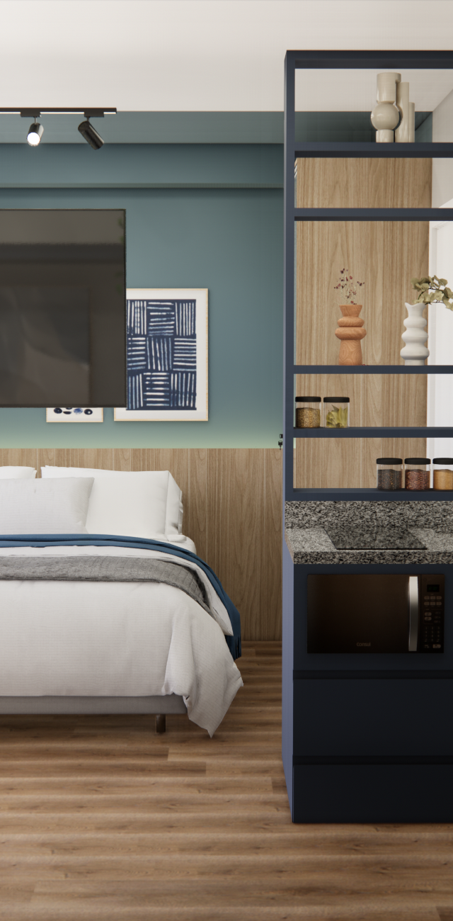 Render 3D de estúdio no Nurban Vila Madalena com cozinha azul, marcenaria em madeira e parede azul ao fundo do quarto