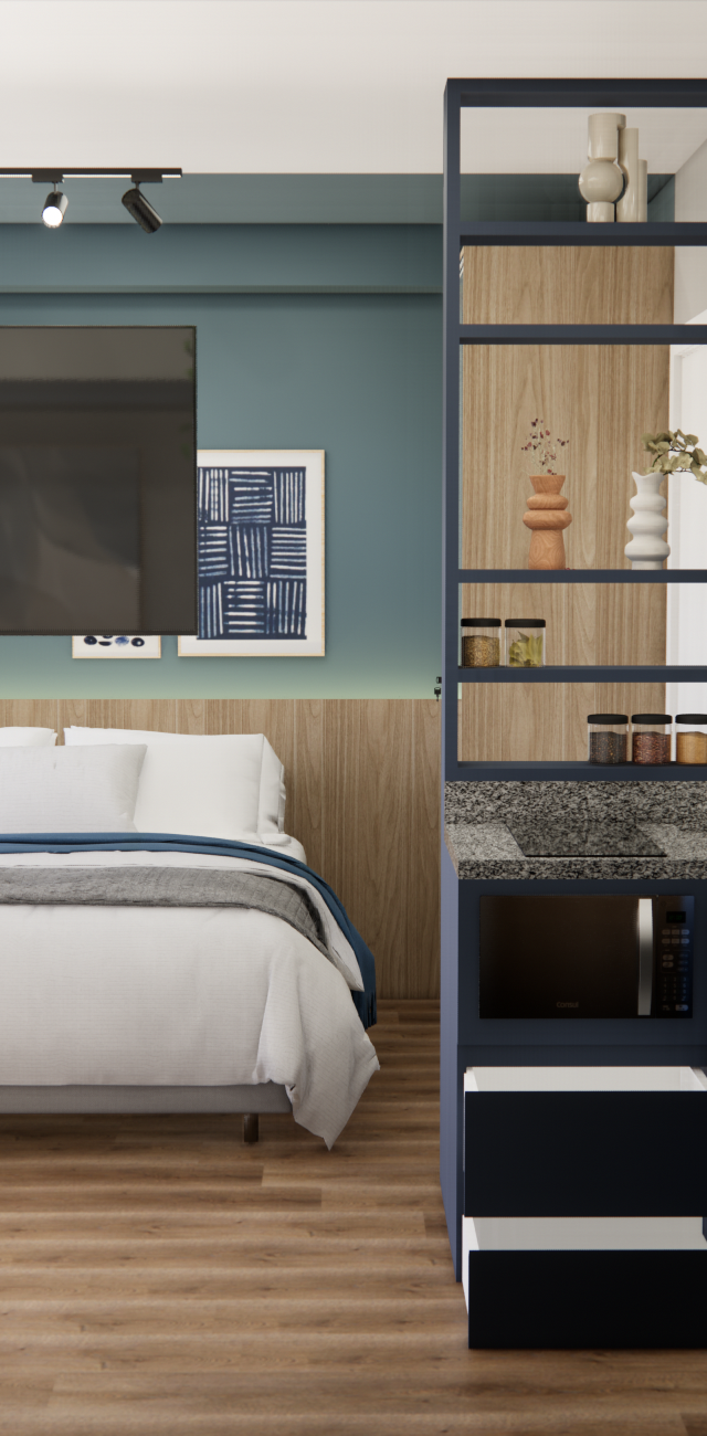 Render 3D de estúdio no Nurban Vila Madalena com marcenaria azul, cozinha integrada ao quarto e painel de madeira
