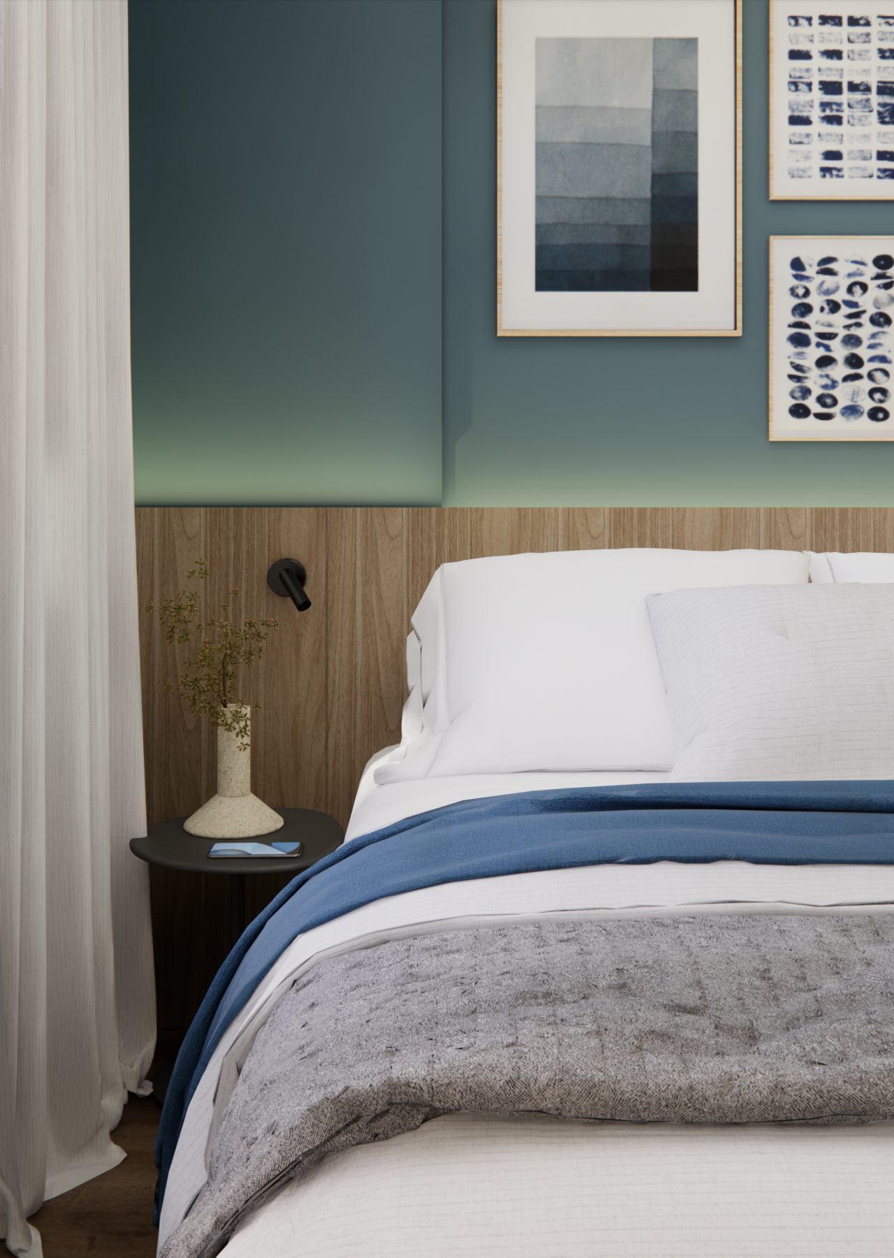 Render 3D de quarto no Nurban Vila Madalena com parede azul, painel de madeira, cama branca e quadros decorativos