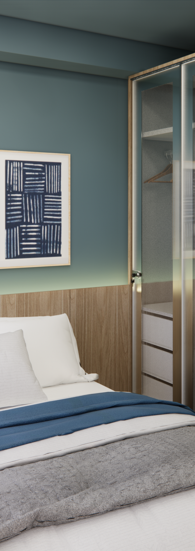 Render 3D de quarto Nurban Vila Madalena com paredes azul-petróleo, cabeceira amadeirada, quadros e armário de vidro