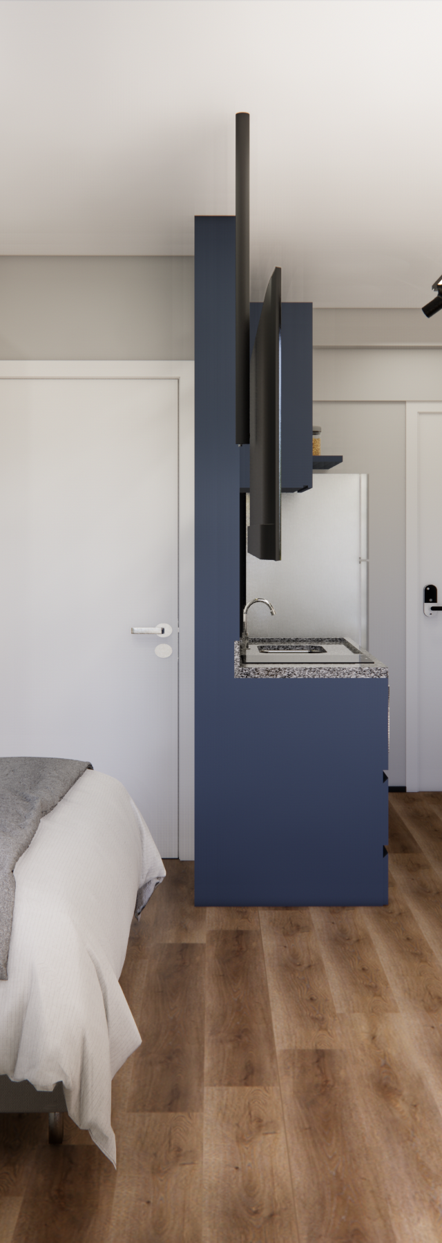 Render 3D de estúdio no Nurban Vila Madalena com tons de azul e madeira, cama, sofá cinza, cozinha compacta e iluminação