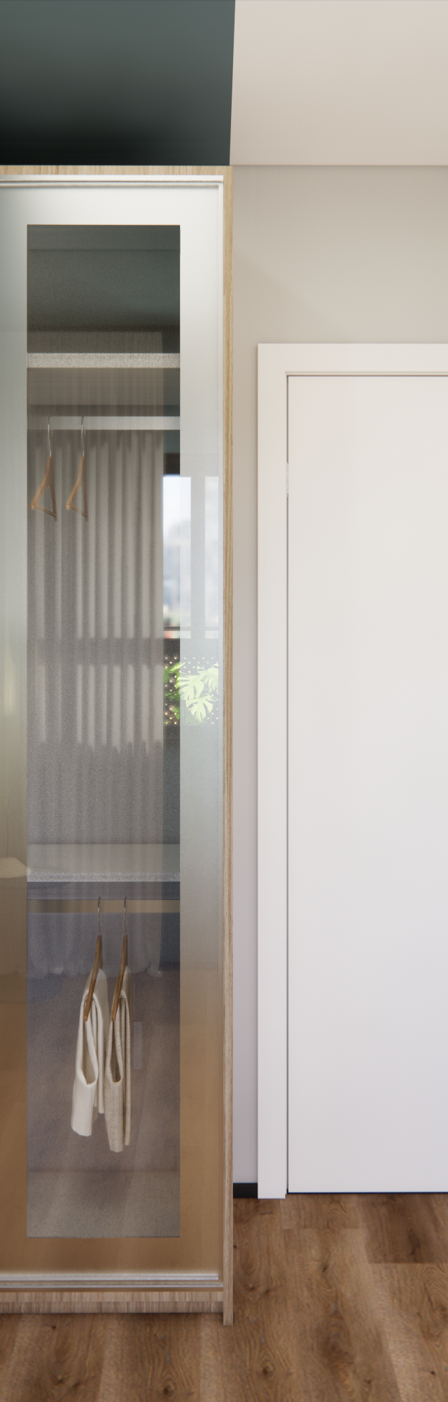 Render 3D de closet no Nurban Vila Madalena com marcenaria em madeira e azul, portas de vidro e iluminação indireta