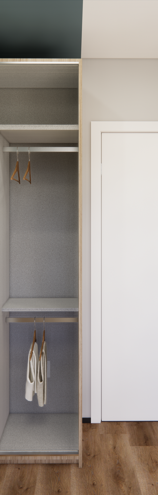 Render 3D de quarto com guarda-roupa em madeira, parede azul, porta branca e marcenaria planejada em tom azul escuro