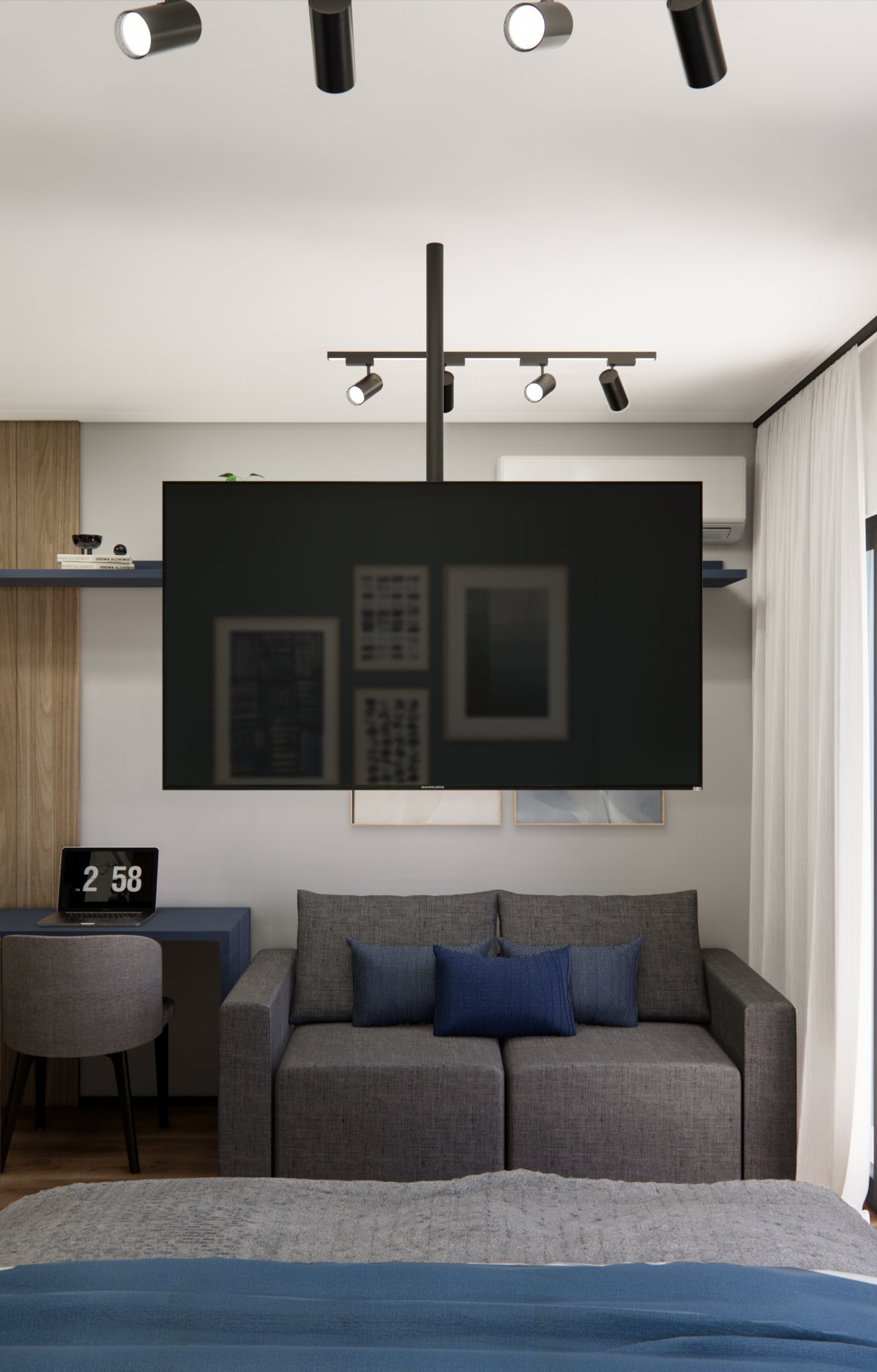 Render 3D de estúdio no Nurban Vila Madalena com sofá cinza, marcenaria azul, painel amadeirado e TV suspensa centralizada
