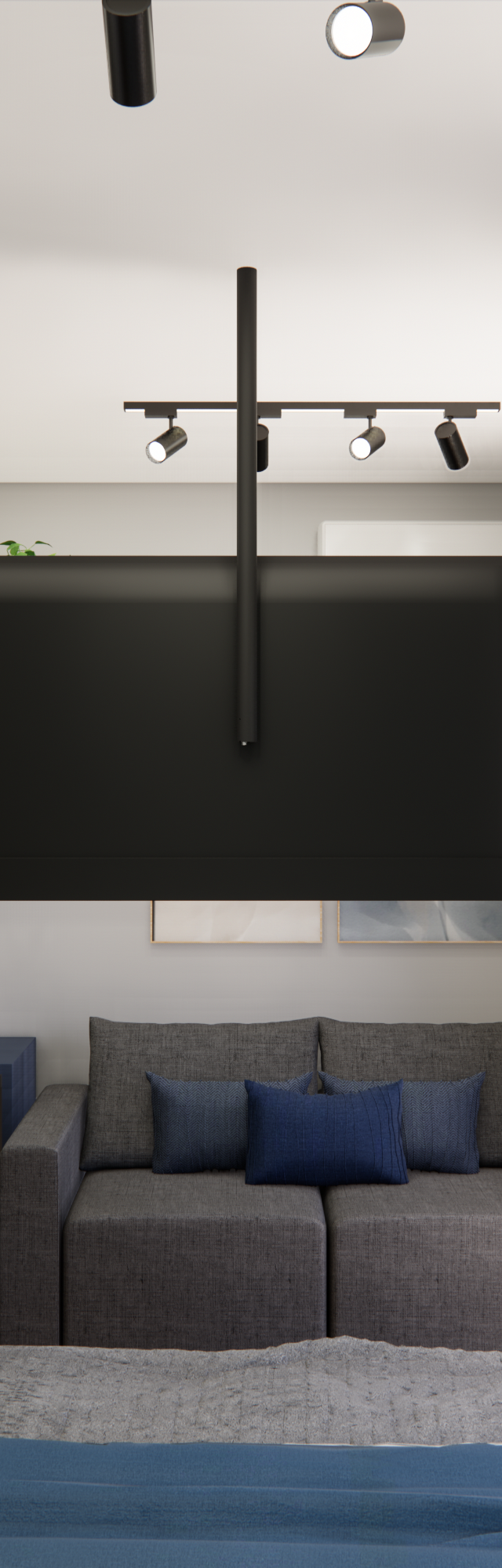 Render 3D de estúdio no Nurban Vila Madalena com TV giratória, sofá cinza, marcenaria azul e painel amadeirado iluminado