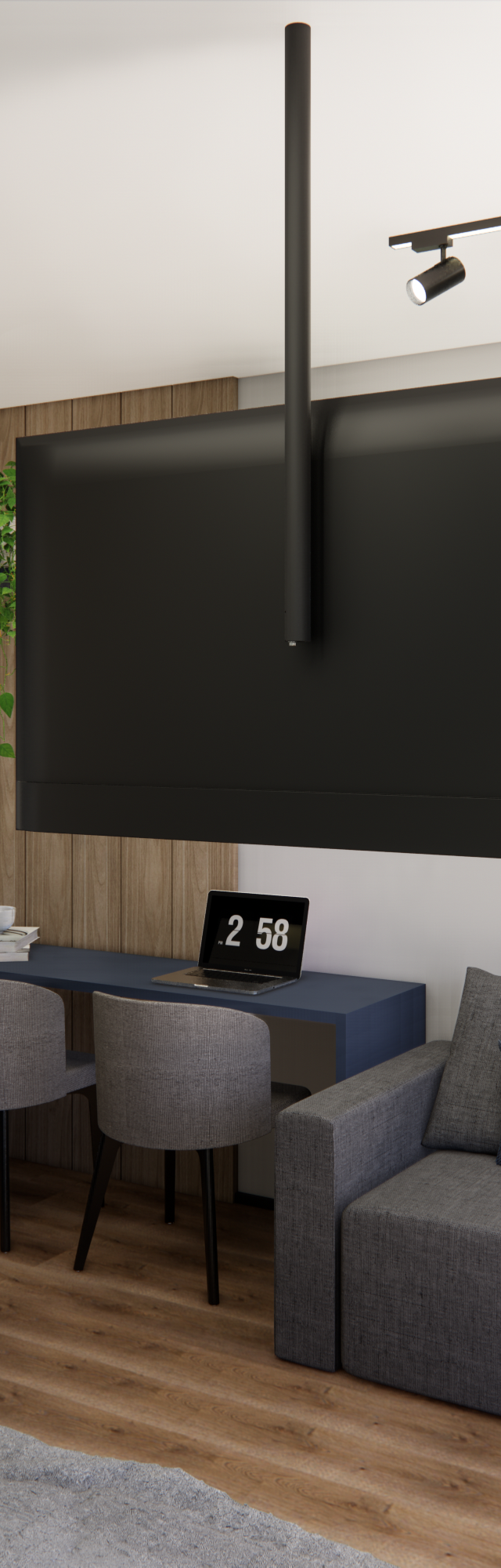 Render 3D de sala Nurban Vila Madalena com sofá cinza, marcenaria azul, TV suspensa, mesa de trabalho e iluminação em trilho
