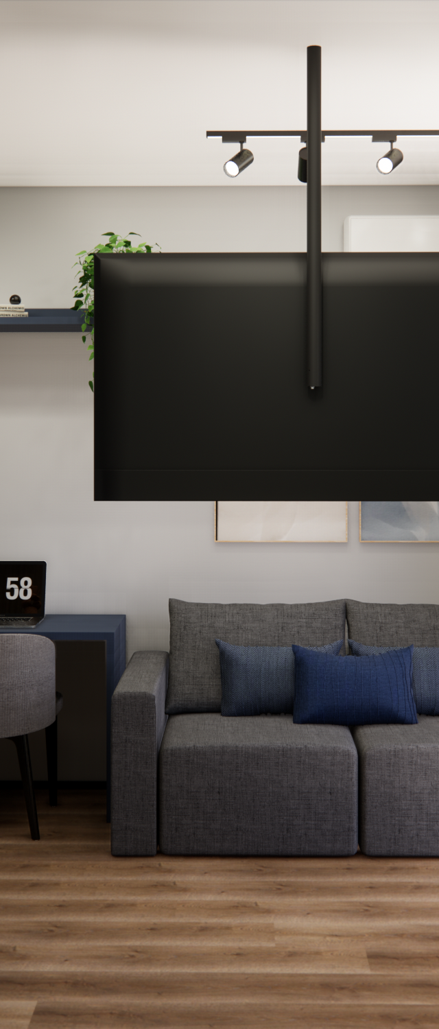 Render 3D de sala Nurban Vila Madalena com sofá cinza, estante azul, painel amadeirado, TV suspensa e iluminação em trilho