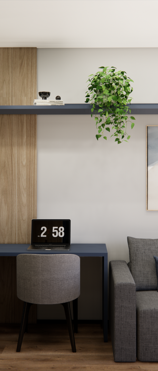 Render 3D de home office em Nurban Vila Madalena com marcenaria azul, painel amadeirado, sofá cinza e iluminação em trilho