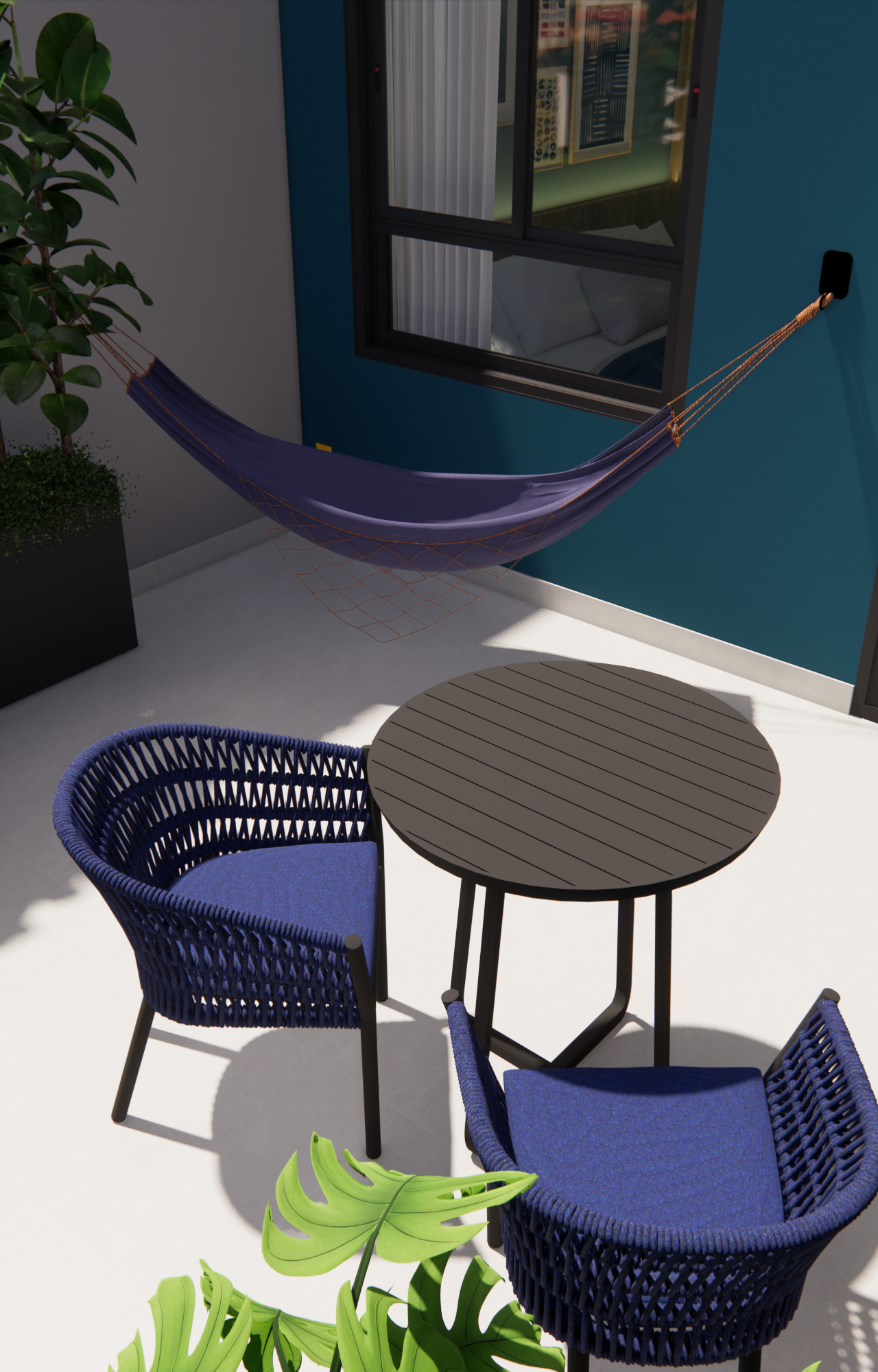 Render 3D de varanda no Nurban Vila Madalena com rede azul, mesa preta, cadeiras trançadas e vasos de plantas sob luz solar