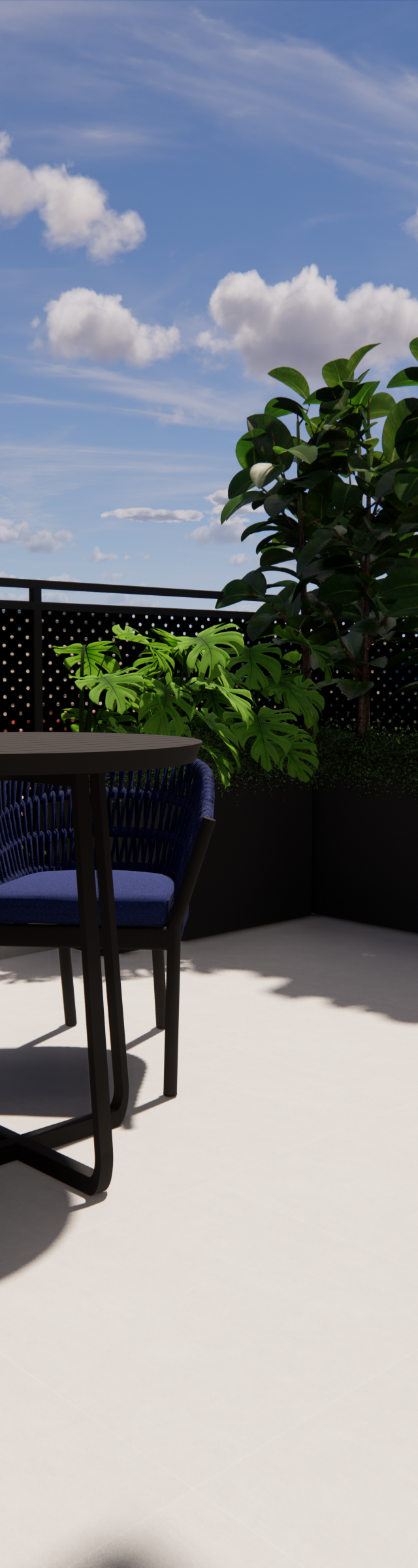 Render 3D de varanda no Nurban Vila Madalena com mesas e cadeiras azuis, guarda-corpo perfurado e plantas sob sol pleno