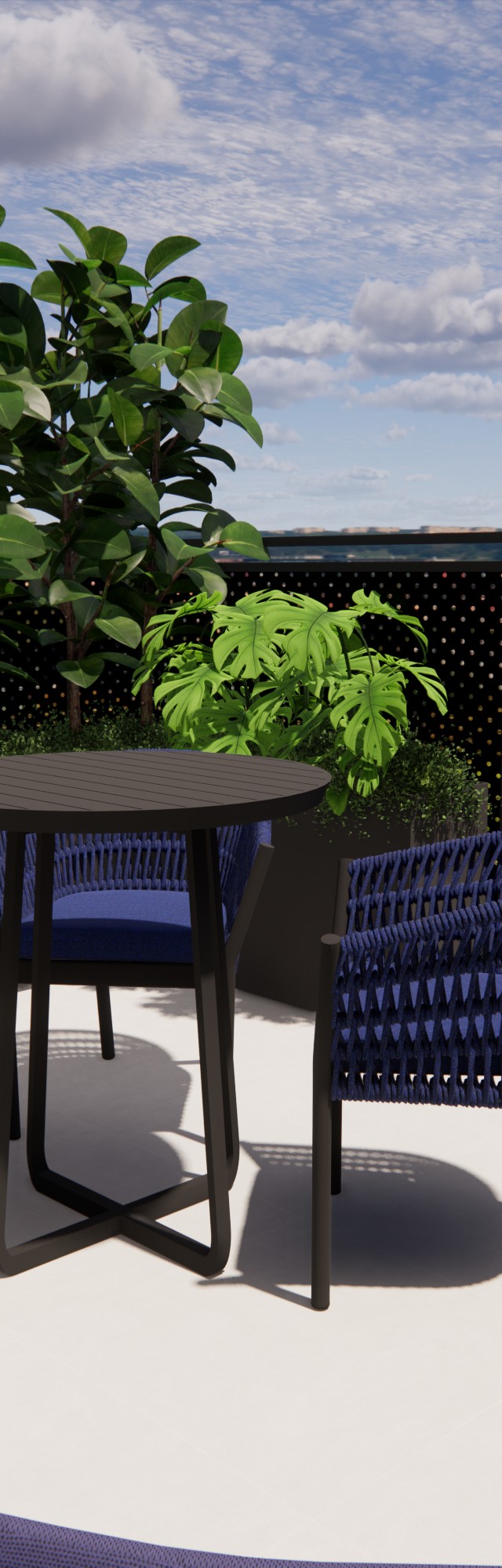 Render 3D de varanda do Nurban Vila Madalena com mesa e cadeiras azuis, vasos de plantas e gradil preto sob luz do dia