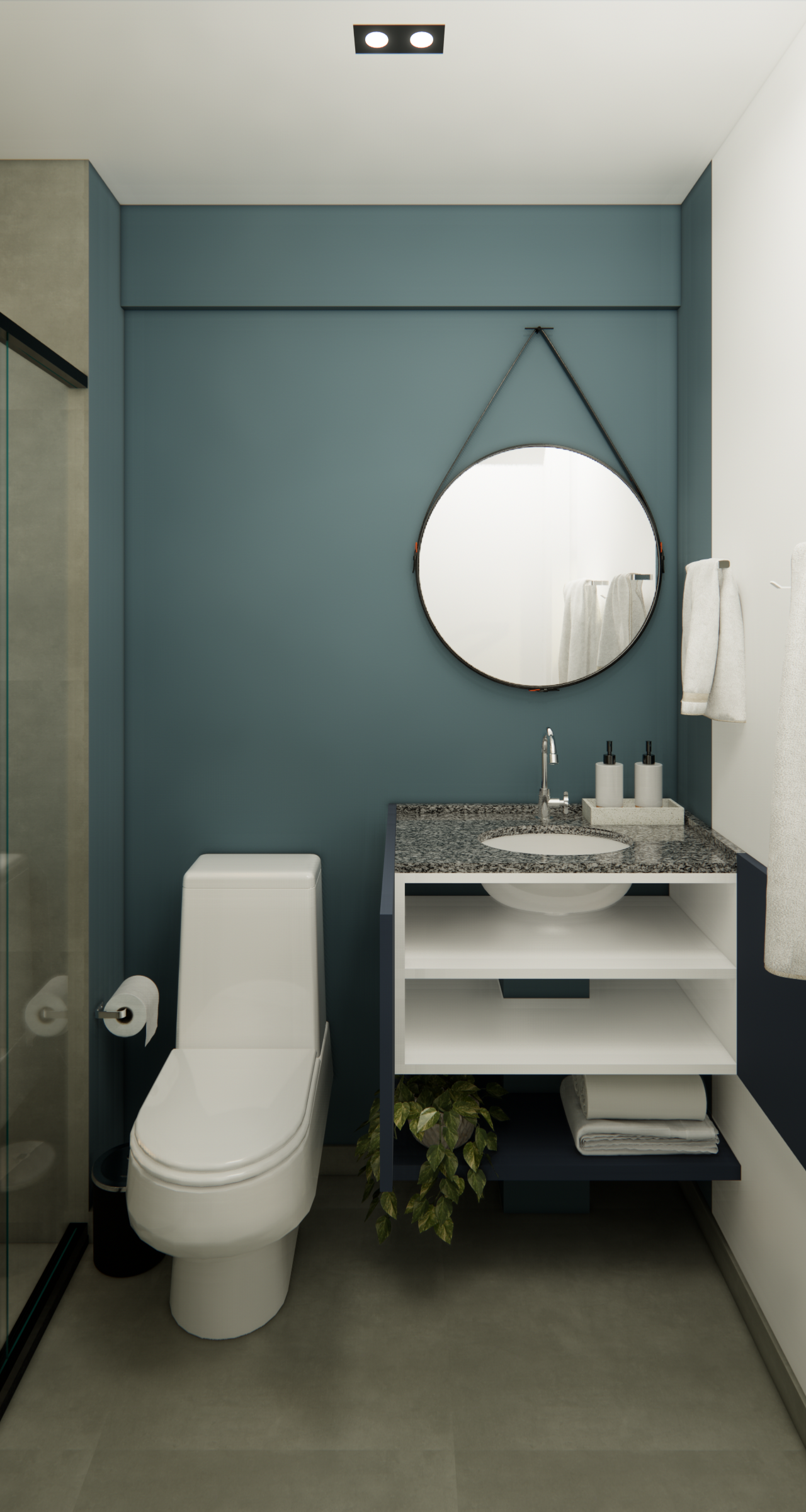 Render 3D de banheiro no Nurban Vila Madalena com parede azul, espelho redondo, bancada em granito e marcenaria branca