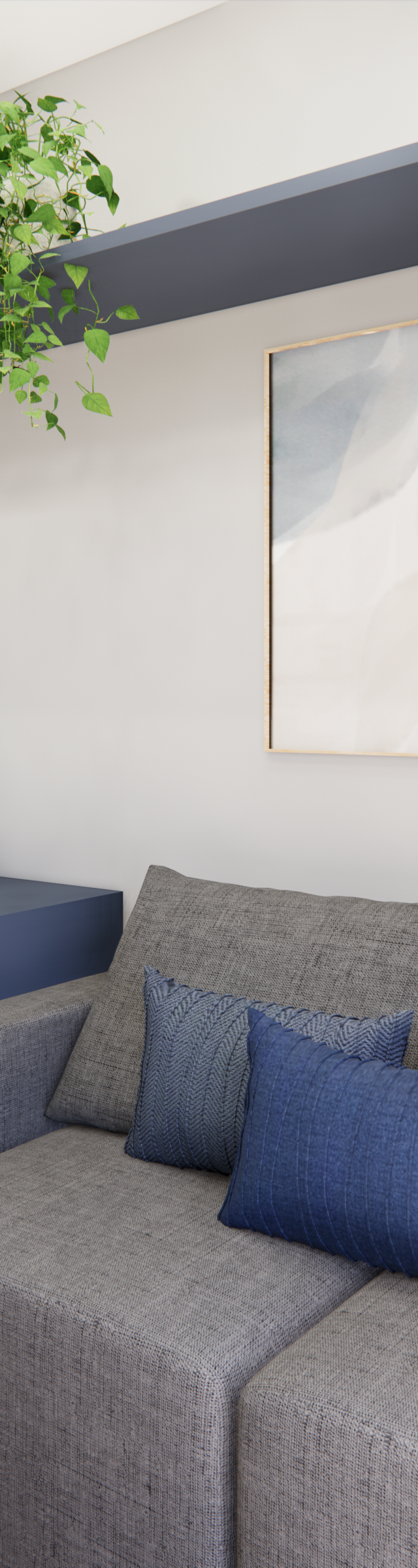 Render 3D de home office integrado com sofá cinza, prateleira azul, marcenaria amadeirada, plantas e quadros abstratos
