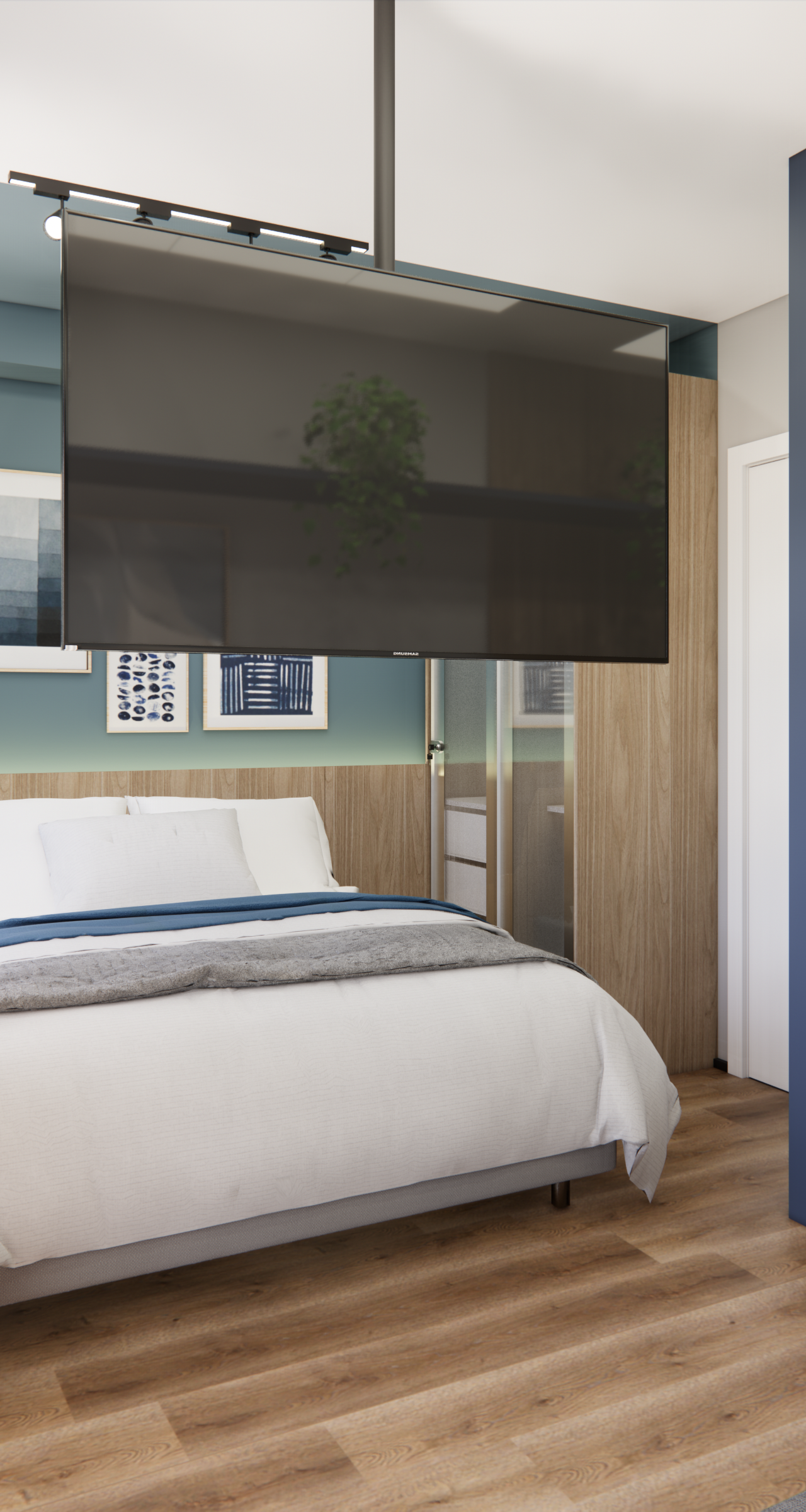 Render 3D de quarto com cama, TV giratória suspensa, marcenaria azul, painel de madeira e iluminação indireta no Nurban