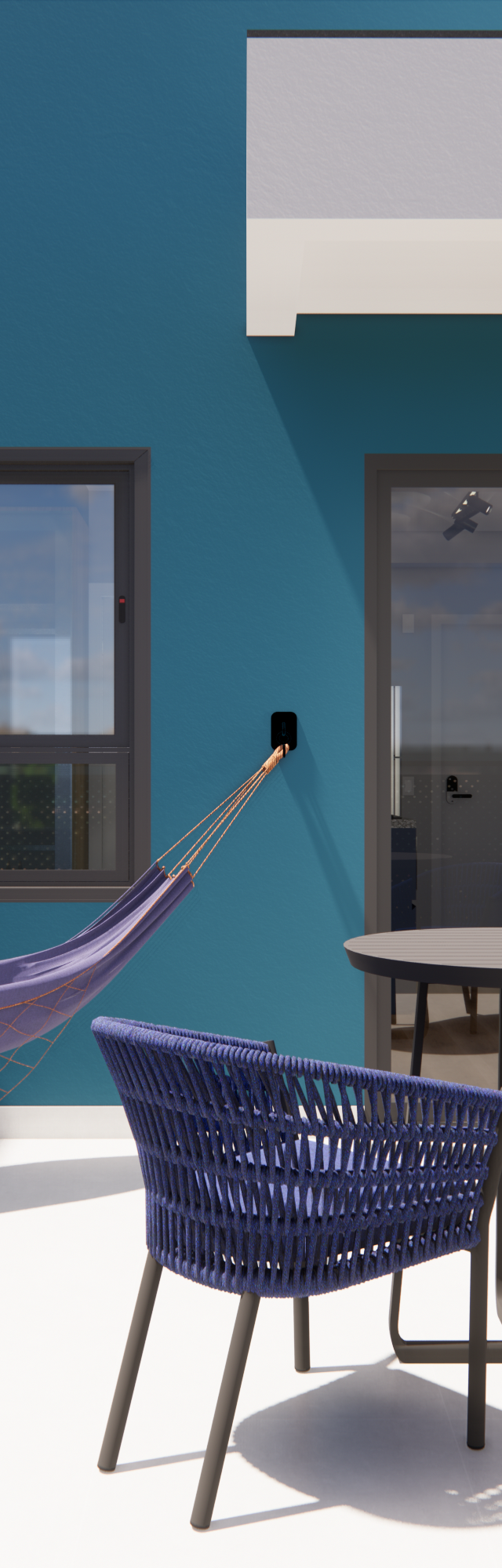 Render 3D de terraço ML Nurban com parede azul, mesa, cadeiras de corda, rede, plantas em vasos e piso claro ensolarado