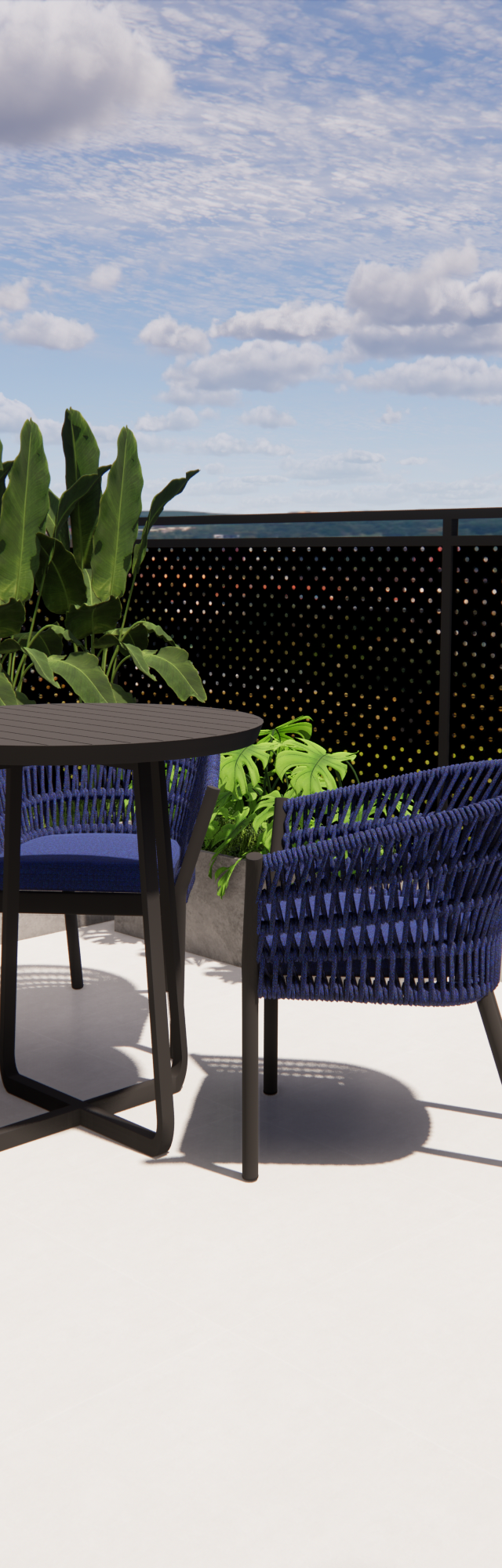 Render 3D de varanda do Nurban Vila Madalena com mesa e cadeiras azuis, vasos de cimento, gradil preto e luz do sol