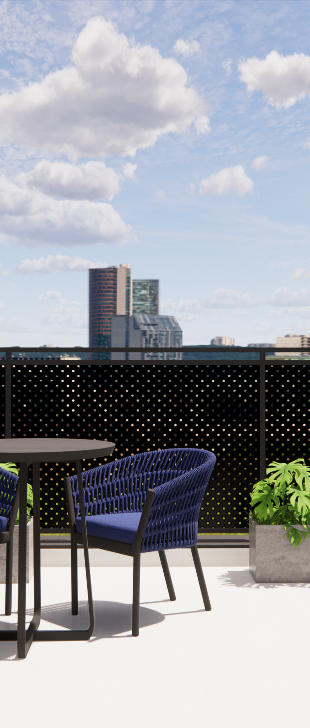 Render 3D de terraço no Nurban Vila Madalena com mesas e cadeiras azuis, floreiras de concreto e vista urbana ao fundo