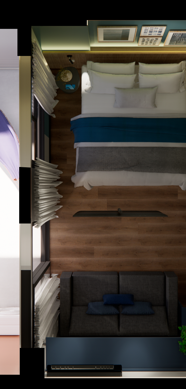 Planta baixa 3D do Nurban Vila Madalena com terraço, cama, sala, cozinha azul e banheiro, tons de madeira e luz natural