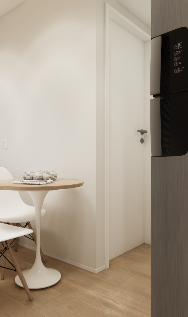 Render 3D de sala e cozinha integradas, com sofá bege, mesa Saarinen, cadeiras brancas, piso amadeirado e geladeira cinza