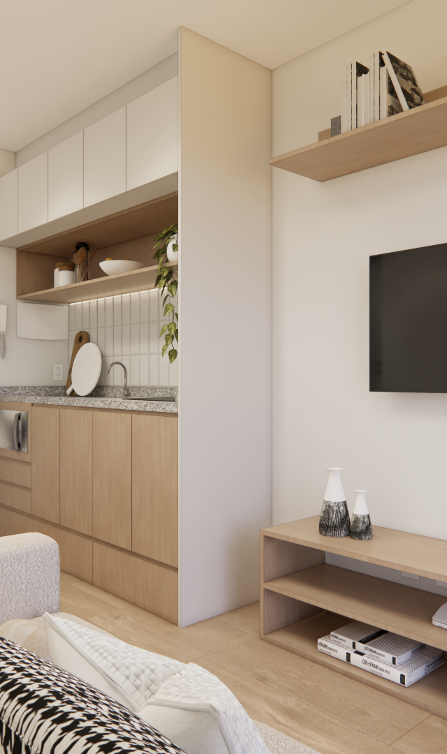 Render 3D de sala e cozinha integradas, tons neutros, marcenaria em madeira clara, TV na parede, sofá e iluminação suave