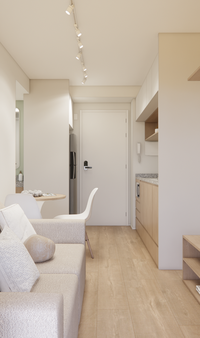 Render 3D de sala e cozinha integradas, tons neutros, marcenaria em madeira clara, sofá cinza e iluminação por trilho