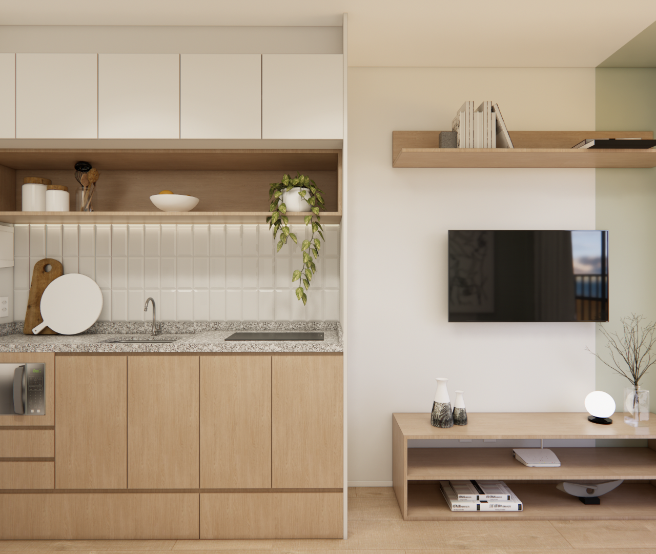 Render 3D de cozinha compacta e sala com marcenaria em madeira clara, bancada em granito, parede branca e tons de verde