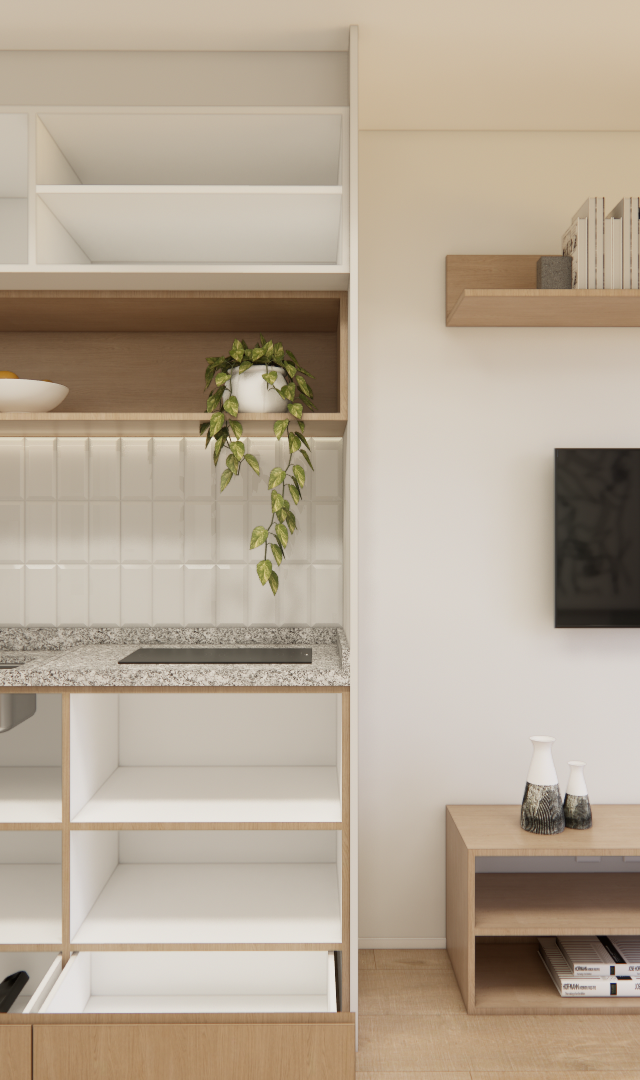 Render 3D de cozinha compacta e sala com marcenaria em madeira clara, bancada em granito, parede verde e luz natural