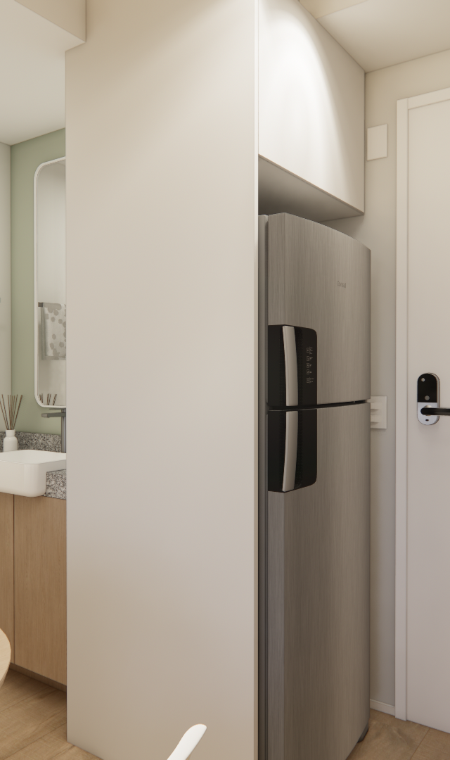 Render 3D de apartamento compacto com mesa de madeira, geladeira de inox, portas brancas e vista para banheiro com espelho