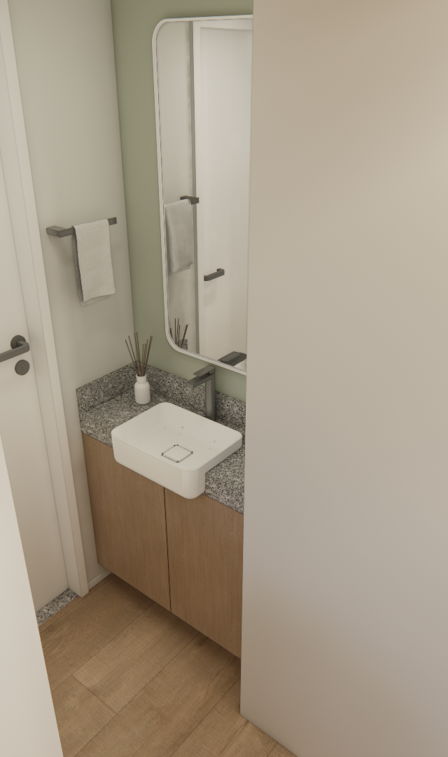 Render 3D de banheiro compacto MM Pinheiros com gabinete em madeira, cuba branca, bancada em granito e espelho retangular