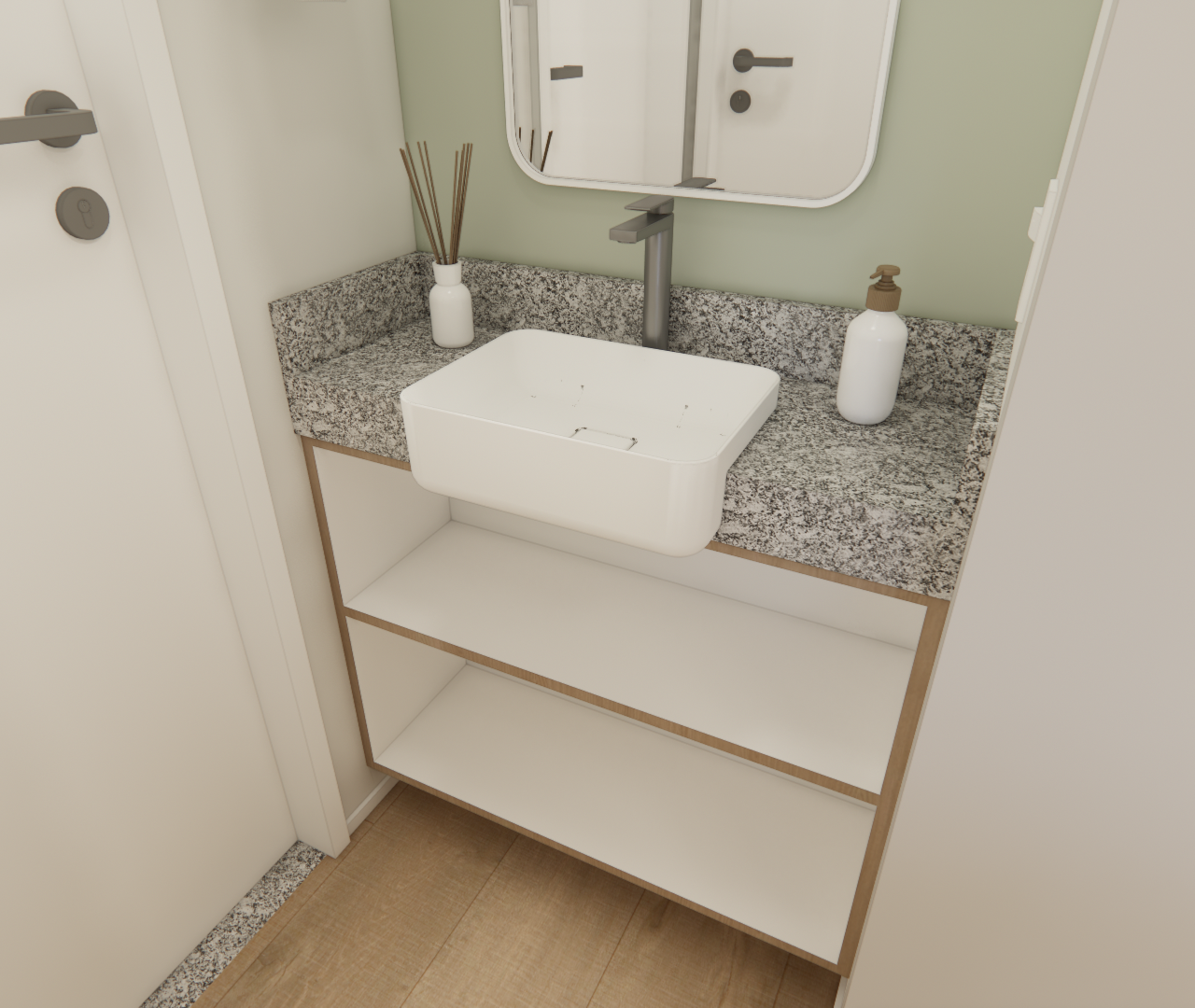 Render 3D de lavabo em Pinheiros, cuba branca sobre bancada de granito, prateleiras em madeira, parede verde e espelho
