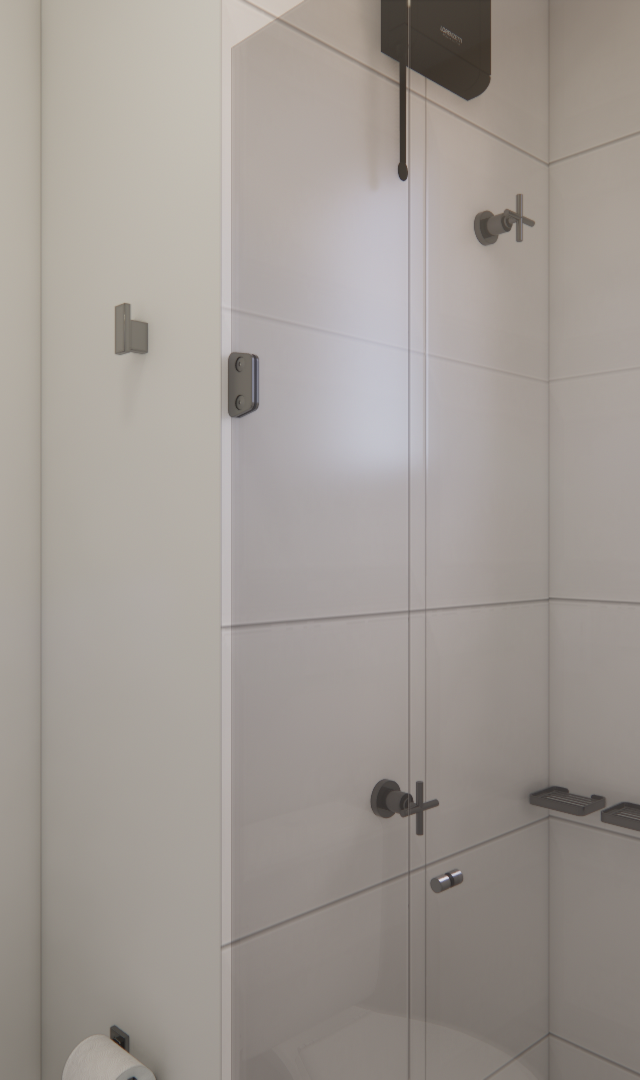 Render 3D de banheiro moderno com box de vidro, metais pretos, revestimento cerâmico cinza claro e janela com moldura preta