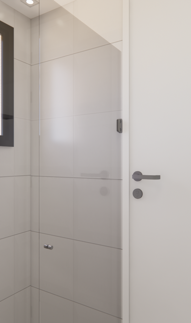 Render 3D de banheiro compacto com box de vidro, revestimentos brancos, porta branca, metais cinzas e luz natural suave