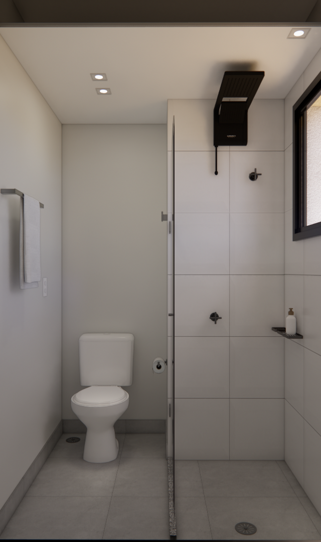 Render 3D de banheiro compacto com paredes brancas, box de vidro, metais pretos e vista para paisagem externa ao lado